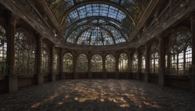 day,indoors,no humans,window,shadow,sunlight,plant,scenery,light rays,stairs,tiles,shade,architecture,sunbeam,tile floor,pillar,ceiling,stained glass,church,arch,column,sky,wooden floor,fantasy,reflective floor,chandelier