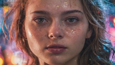 1girl,solo,long hair,looking at viewer,brown hair,brown eyes,parted lips,teeth,blurry,lips,eyelashes,depth of field,blurry background,portrait,close-up,freckles,realistic,nose,dirty,bokeh,blood,blood on face