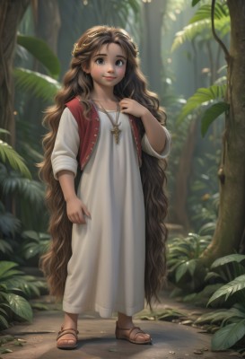 1girl,solo,long hair,looking at viewer,smile,brown hair,dress,brown eyes,jewelry,very long hair,closed mouth,standing,full body,outdoors,signature,necklace,white dress,blurry,vest,tree,lips,leaf,wavy hair,sandals,cross,plant,child,nature,forest,freckles,realistic,red vest,cross necklace,blush,day,artist name,toes,sunlight,curly hair