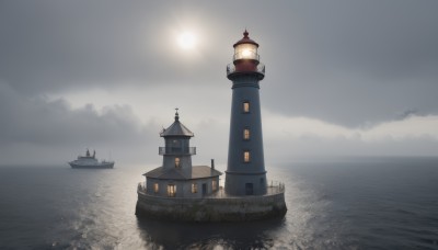 outdoors,sky,cloud,water,no humans,night,ocean,moon,building,scenery,sun,watercraft,house,ship,waves,tower,boat,fog,cloudy sky,horizon,light,pier,lighthouse,dock