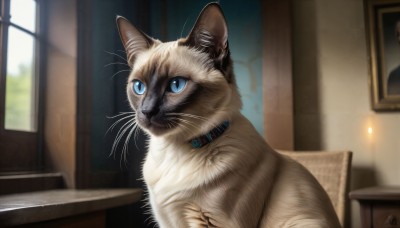 HQ,solo,blue eyes,closed mouth,indoors,blurry,collar,no humans,window,depth of field,blurry background,animal,cat,realistic,animal focus,whiskers,painting (object),portrait (object),sitting,signature,chair,slit pupils,red collar