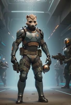 holding,animal ears,standing,full body,weapon,male focus,multiple boys,solo focus,2boys,holding weapon,armor,gun,military,glowing,3boys,helmet,robot,shoulder armor,holding gun,rifle,furry,handgun,ball,science fiction,4boys,pouch,assault rifle,knee pads,multiple others,submachine gun,bear ears,power armor,bullpup,1girl,looking at viewer,open mouth,gloves,1boy,boots,mask,armored boots,camouflage,explosive,grenade