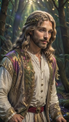 solo,long hair,smile,blue eyes,blonde hair,brown hair,shirt,long sleeves,1boy,closed mouth,standing,white shirt,upper body,male focus,outdoors,day,belt,signature,blurry,vest,tree,lips,looking to the side,sash,depth of field,blurry background,facial hair,sunlight,nature,beard,forest,curly hair,light rays,realistic,nose,mustache,sunbeam,dappled sunlight,tunic,head wreath