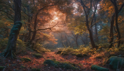 outdoors, tree, no humans, leaf, sunlight, nature, scenery, forest, rock, autumn leaves