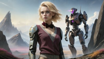 HQ,1girl,solo,breasts,short hair,blue eyes,blonde hair,bow,cleavage,medium breasts,standing,upper body,outdoors,parted lips,sky,day,cloud,bowtie,medium hair,vest,lips,looking to the side,detached collar,glowing,robot,mecha,glowing eyes,science fiction,mountain,realistic,nose,glowing eye,facial tattoo,mountainous horizon,fog,dust,jacket,blue sky,messy hair,injury,dirty,damaged