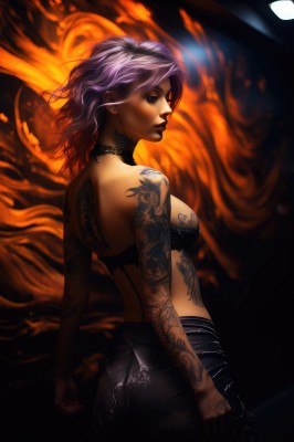 1girl,solo,breasts,short hair,gloves,bare shoulders,medium breasts,underwear,pink hair,purple hair,ass,multicolored hair,cowboy shot,choker,looking back,pants,from behind,bra,lips,tattoo,makeup,back,fire,black bra,realistic,nose,arm tattoo,back tattoo,lingerie,lipstick