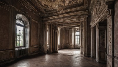 day,indoors,no humans,window,sunlight,scenery,stairs,door,architecture,tile floor,pillar,statue,hallway,church,arch,chandelier,column,wooden floor,fantasy,tiles,wall,floor,ceiling