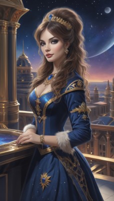 1girl,solo,long hair,breasts,looking at viewer,smile,blue eyes,brown hair,hair ornament,long sleeves,dress,cleavage,brown eyes,jewelry,medium breasts,standing,earrings,outdoors,parted lips,sky,necklace,bracelet,lips,fur trim,makeup,night,blue dress,watermark,wavy hair,moon,tiara,crown,lipstick,gem,star (sky),night sky,full moon,starry sky,fantasy,railing,red lips,planet,pillar,balcony,bangs,artist name,water,nail polish,eyeshadow,realistic