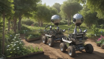 flower,outdoors,day,tree,military,no humans,helmet,grass,plant,robot,ground vehicle,nature,scenery,motor vehicle,forest,road,bush,motorcycle,non-humanoid robot,weapon,sky,gun,mecha,science fiction,realistic