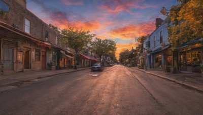 outdoors, sky, cloud, tree, dutch angle, no humans, window, cloudy sky, plant, ground vehicle, building, scenery, motor vehicle, sunset, city, sign, car, road, house, power lines, lamppost, street, evening