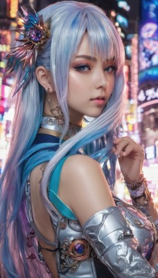 1girl,solo,long hair,breasts,looking at viewer,bangs,blue eyes,large breasts,hair ornament,bare shoulders,jewelry,blue hair,upper body,pink hair,sidelocks,multicolored hair,earrings,outdoors,parted lips,detached sleeves,looking back,artist name,hand up,nail polish,blurry,bracelet,from side,lips,fingernails,eyelashes,gradient hair,blurry background,ring,gem,realistic,nose,medium breasts,armor,looking to the side,makeup,depth of field,watermark,feathers,beads,feather hair ornament,mascara