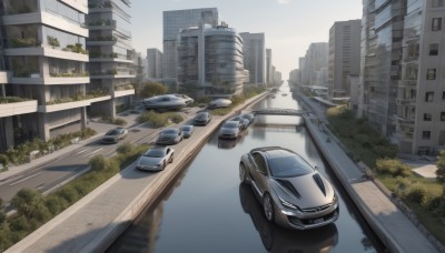 outdoors,sky,day,cloud,tree,no humans,ground vehicle,building,scenery,motor vehicle,city,car,road,cityscape,bridge,vehicle focus,street,skyscraper,real world location,grass,reflection,bush,river,sports car