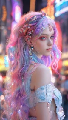 1girl,solo,long hair,breasts,looking at viewer,blue eyes,hair ornament,dress,bare shoulders,jewelry,closed mouth,upper body,pink hair,purple hair,multicolored hair,earrings,artist name,tears,necklace,blurry,from side,lips,looking to the side,eyelashes,makeup,depth of field,blurry background,wavy hair,piercing,crying,tiara,gem,eyeshadow,crying with eyes open,realistic,nose,bokeh,mascara,very long hair,looking back,bra,mole,two-tone hair,mole under eye,gradient hair,night,facial mark,expressionless,beads,pink lips,eyeliner,forehead jewel,red gemstone,pearl (gemstone)