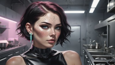 1girl,solo,looking at viewer,short hair,blue eyes,brown hair,black hair,bare shoulders,jewelry,earrings,sleeveless,indoors,blurry,lips,makeup,portrait,freckles,mirror,realistic,kitchen,sink,bangs,closed mouth,upper body,shiny,eyelashes,bodysuit,piercing,ear piercing,nose,lipgloss