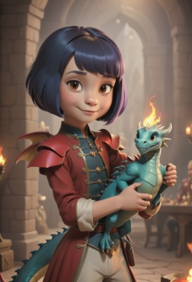 1girl,solo,looking at viewer,smile,short hair,bangs,black hair,long sleeves,holding,brown eyes,closed mouth,standing,tail,wings,horns,belt,pants,indoors,blurry,blurry background,bob cut,fire,child,freckles,dragon horns,dragon girl,white pants,dragon,dragon tail,female child,candle,cowboy shot,lips