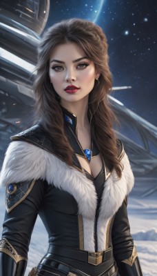 1girl,solo,long hair,breasts,looking at viewer,brown hair,cleavage,brown eyes,jewelry,medium breasts,upper body,earrings,parted lips,sky,belt,necklace,lips,fur trim,makeup,night,lipstick,star (sky),snow,starry sky,curly hair,realistic,red lips,space,planet,spacecraft,gem,eyeshadow