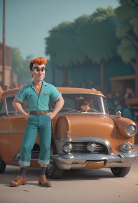 solo,smile,short hair,shirt,black hair,1boy,standing,short sleeves,male focus,multicolored hair,outdoors,shoes,glasses,socks,belt,pants,orange hair,blurry,black eyes,two-tone hair,tree,blurry background,brown footwear,cat,sunglasses,blue shirt,ground vehicle,motor vehicle,personification,hands on hips,hands in pockets,car,vehicle focus,jumpsuit,brown hair,hat,jewelry,earrings,multiple boys,day,collared shirt,artist name,mustache