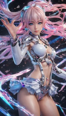 1girl,solo,long hair,breasts,looking at viewer,bangs,blue eyes,skirt,hair ornament,navel,cleavage,jewelry,medium breasts,pink hair,cowboy shot,earrings,parted lips,detached sleeves,midriff,nail polish,armor,leotard,lips,makeup,floating hair,headgear,piercing,revealing clothes,navel piercing,smile,long sleeves,closed mouth,thighs,frills,fingernails,gem,long fingernails,realistic,nose,microskirt,showgirl skirt