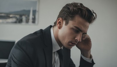 solo,short hair,brown hair,shirt,black hair,long sleeves,1boy,jacket,white shirt,upper body,male focus,parted lips,necktie,collared shirt,indoors,hand up,blurry,black eyes,black jacket,blurry background,facial hair,formal,suit,black necktie,realistic,photo background,suit jacket,closed mouth,portrait,hand on own face,stubble,black suit