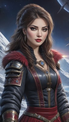 1girl,solo,long hair,breasts,looking at viewer,skirt,brown hair,long sleeves,cleavage,brown eyes,jewelry,medium breasts,upper body,earrings,sky,necklace,armor,lips,fur trim,makeup,night,red skirt,wavy hair,lipstick,star (sky),night sky,starry sky,mountain,nose,red lips,space,planet,shirt,closed mouth,artist name,signature,feathers,feather trim