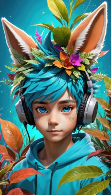 solo,looking at viewer,short hair,blue eyes,hair ornament,1boy,animal ears,closed mouth,blue hair,upper body,flower,male focus,artist name,hair flower,hood,lips,fox ears,hoodie,headphones,leaf,watermark,blue background,hood down,plant,portrait,web address,freckles,nose,blue hoodie,facial mark,thick eyebrows,male child