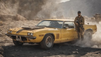 solo,gloves,1boy,hat,holding,jacket,weapon,male focus,outdoors,holding weapon,uniform,gun,military,military uniform,helmet,goggles,ground vehicle,holding gun,motor vehicle,rifle,smoke,mountain,military vehicle,car,assault rifle,vehicle focus,dust,truck,signature,scenery,realistic,soldier,desert