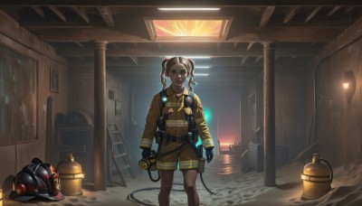 1girl,solo,looking at viewer,short hair,blue eyes,brown hair,gloves,long sleeves,holding,twintails,brown eyes,closed mouth,standing,jacket,shorts,black gloves,indoors,dark skin,bag,dark-skinned female,window,mask,helmet,fire,pouch,door,cable,very dark skin,gas mask,hallway,blonde hair,white hair,multicolored hair,explosive,jumpsuit,hose,helmet removed