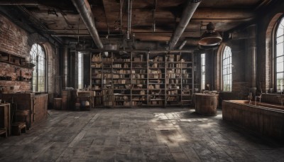 day,indoors,no humans,window,chair,table,sunlight,plant,box,scenery,stairs,door,shelf,barrel,crate,wooden floor,tiles,lamp,wall,tile floor,brick wall,stool,ceiling,ladder,industrial pipe,chandelier,wooden chair