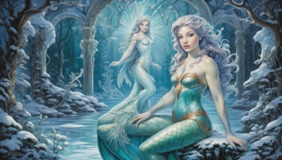 long hair,breasts,looking at viewer,smile,blue eyes,multiple girls,hair ornament,navel,2girls,cleavage,bare shoulders,medium breasts,sitting,white hair,grey hair,artist name,signature,water,dated,tree,lips,grey eyes,bodysuit,wavy hair,monster girl,nature,snow,forest,curly hair,rock,fantasy,mermaid,pillar,bare tree,blush,dress,nipples,nude,topless,pale skin,dual persona,scales,winter