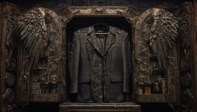 solo,1boy,hat,jacket,wings,necktie,indoors,coat,black jacket,no humans,window,formal,suit,scenery,feathered wings,angel wings,stairs,door,white wings,angel,clock,statue,vest,book,bookshelf,picture frame,still life,coffin