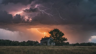 outdoors,sky,cloud,tree,no humans,cloudy sky,grass,building,nature,scenery,forest,sunset,electricity,architecture,house,east asian architecture,lightning,field,landscape