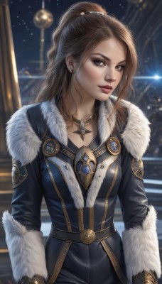 1girl,solo,long hair,breasts,looking at viewer,brown hair,gloves,long sleeves,brown eyes,jewelry,medium breasts,closed mouth,ponytail,earrings,belt,necklace,blurry,lips,coat,fur trim,makeup,night,blurry background,lipstick,pendant,realistic,nose,red lips,fur-trimmed sleeves,bodysuit,star (sky),freckles