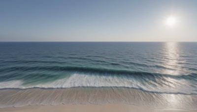 outdoors,sky,day,water,no humans,ocean,beach,scenery,sand,sun,horizon,waves,shore,monochrome,cloud,blue sky,sunlight