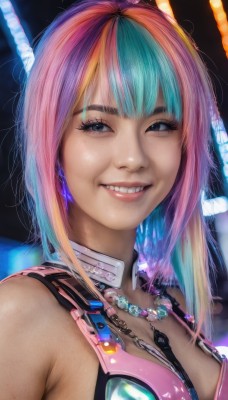 1girl,solo,breasts,looking at viewer,smile,short hair,bangs,blue eyes,blonde hair,cleavage,bare shoulders,jewelry,medium breasts,blue hair,upper body,pink hair,multicolored hair,teeth,necklace,grin,black eyes,two-tone hair,lips,aqua hair,gradient hair,makeup,eyeshadow,science fiction,realistic,rainbow hair,long hair,earrings,portrait