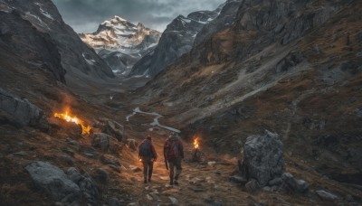 holding,standing,jacket,weapon,male focus,outdoors,multiple boys,sky,pants,sword,cloud,hood,2boys,bag,from behind,backpack,cloudy sky,fire,scenery,snow,smoke,walking,shield,rock,mountain,ambiguous gender,torch,burning,molten rock,1boy