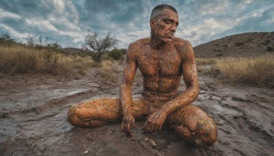 solo,1boy,sitting,closed mouth,male focus,outdoors,sky,day,cloud,tree,muscular,facial hair,parody,cloudy sky,realistic,bald,dirty,black hair,closed eyes,dark skin,dark-skinned male,grass,topless male,manly,old,on ground,old man