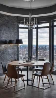 sky,day,cloud,indoors,cup,blue sky,no humans,window,ocean,chair,table,cloudy sky,plant,curtains,building,scenery,drinking glass,city,horizon,potted plant,lamp,cityscape,wine glass,skyscraper,candlestand,ceiling light,chandelier,skyline,wooden floor,candle