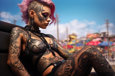 1girl,solo,breasts,short hair,navel,cleavage,jewelry,medium breasts,sitting,closed mouth,closed eyes,pink hair,earrings,outdoors,sky,day,midriff,belt,cloud,blurry,from side,blue sky,lips,tattoo,makeup,depth of field,blurry background,piercing,lipstick,eyeshadow,asymmetrical hair,nose,eyeliner,arm tattoo,undercut,facial tattoo,reclining,mascara,mohawk,neck tattoo,full-body tattoo,underwear,small breasts,dark skin,bra,dark-skinned female