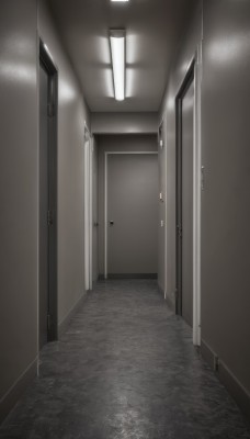 monochrome,greyscale,indoors,no humans,window,scenery,door,locker,horror (theme),open door,hallway,doorway,wooden floor,stairs,tiles,tile floor,ceiling,ceiling light