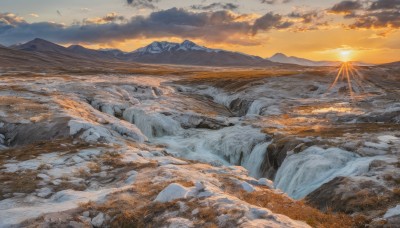 outdoors,sky,cloud,tree,no humans,sunlight,cloudy sky,nature,scenery,snow,sunset,mountain,sun,winter,landscape,mountainous horizon,orange sky,sunrise,yellow sky,water,ice,rock