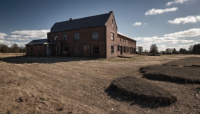 outdoors,sky,day,cloud,tree,blue sky,no humans,window,cloudy sky,grass,building,nature,scenery,forest,road,house,path,sand,door,field,landscape