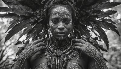 1girl,solo,breasts,looking at viewer,hair ornament,jewelry,closed mouth,monochrome,upper body,greyscale,earrings,dark skin,necklace,armor,blurry,dark-skinned female,lips,blurry background,facial mark,feathers,shoulder armor,portrait,realistic,headdress,feather hair ornament,facepaint,dreadlocks,tribal,tattoo,leaf