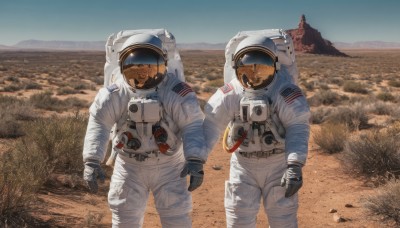 brown hair,gloves,outdoors,multiple boys,sky,day,black gloves,signature,2boys,helmet,scenery,walking,science fiction,mountain,realistic,multiple others,ambiguous gender,2others,american flag,spacesuit,desert,japanese flag,space helmet,astronaut,standing,male focus,blue sky,moon,1other,reflection,planet,dirty,earth (planet)