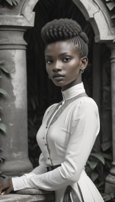 1girl,solo,breasts,looking at viewer,short hair,black hair,long sleeves,dress,jewelry,monochrome,earrings,dark skin,white dress,black eyes,dark-skinned female,lips,makeup,freckles,realistic,nose,pillar,statue,very dark skin,column,skirt,closed mouth,upper body,greyscale,necklace,hair bun,from side,piercing,undercut,dreadlocks