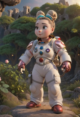 1girl,solo,blush,smile,short hair,brown hair,brown eyes,closed mouth,standing,full body,flower,outdoors,bag,hair bun,armor,tree,lips,double bun,grass,plant,building,child,nature,rock,female child,ruins,spacesuit,hair ornament,gloves,fingerless gloves,single hair bun,pouch,astronaut