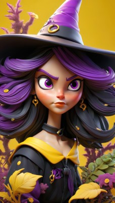 1girl,solo,long hair,looking at viewer,black hair,hat,jewelry,closed mouth,purple eyes,collarbone,upper body,purple hair,flower,heart,earrings,choker,artist name,medium hair,collar,lips,eyelashes,makeup,witch hat,frown,leaf,black choker,thick eyebrows,plant,crescent,yellow background,zipper,freckles,nose,purple flower,witch,crescent earrings,gold earrings,lipstick,orange background