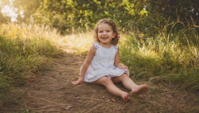 1girl,solo,looking at viewer,smile,open mouth,brown hair,dress,brown eyes,sitting,underwear,panties,full body,outdoors,barefoot,teeth,sleeveless,day,white dress,white panties,feet,loli,sleeveless dress,soles,grass,child,realistic,female child,on ground,dirty,dirty clothes,dirty feet,short hair,:d,pantyshot,photo background