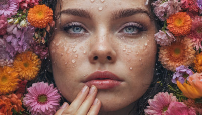 1girl, solo, looking at viewer, blue eyes, brown hair, black hair, hair ornament, flower, lips, eyelashes, portrait, close-up, pink flower, realistic, nose, orange flower