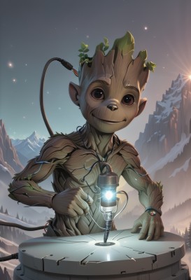 solo,looking at viewer,smile,1boy,brown eyes,male focus,outdoors,sky,pointy ears,no humans,leaf,robot,furry,science fiction,mountain,cable,wire,tree,night,colored skin,star (sky),starry sky,furry male,green skin,alien