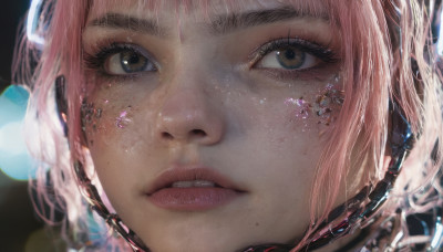 1girl, solo, looking at viewer, brown eyes, pink hair, parted lips, teeth, mole, blurry, lips, eyelashes, portrait, close-up, freckles, science fiction, realistic, nose